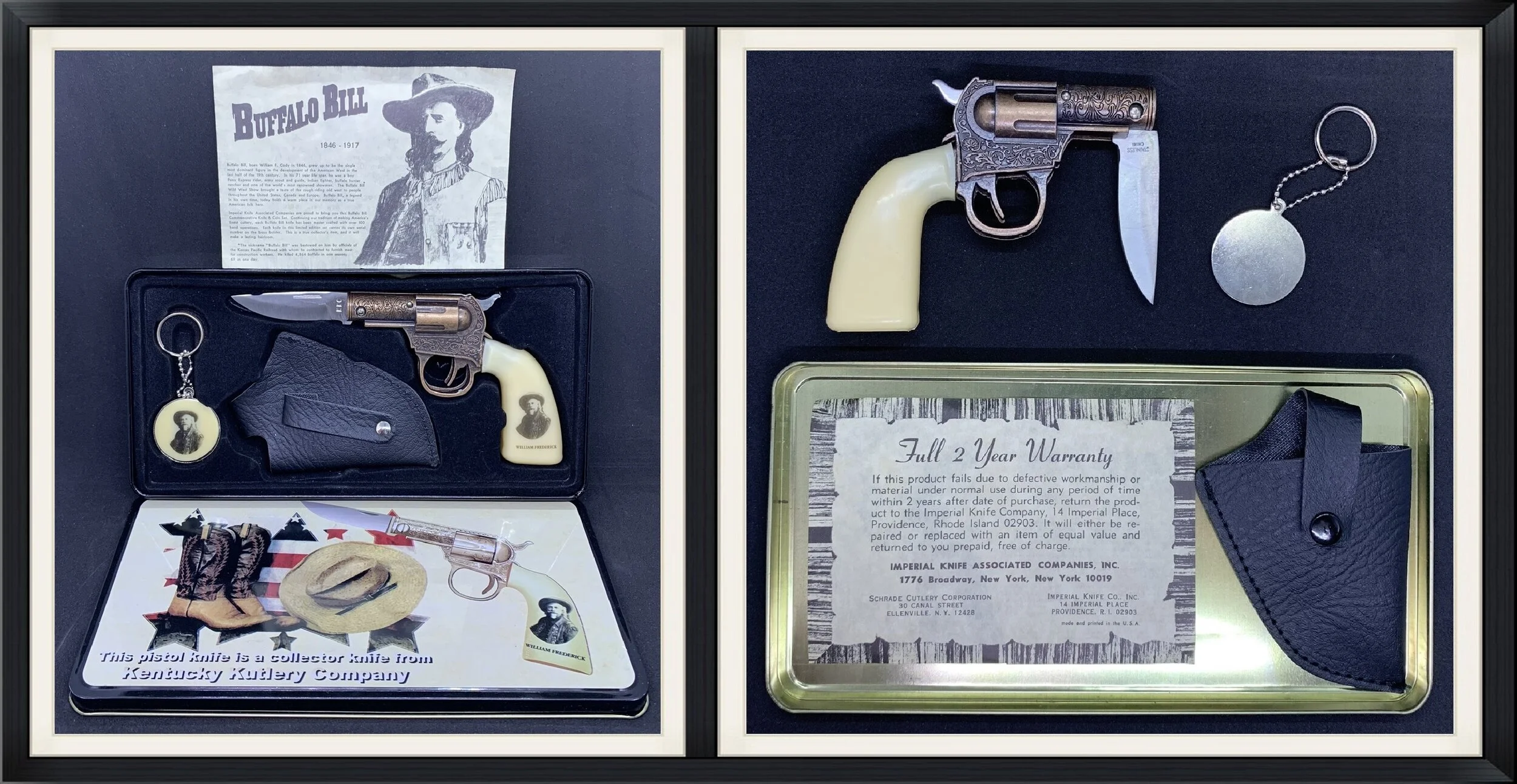 Buffalo Bill - This Pistol Knife is a Collector Knife from Kentucky Kutlery Company - Black Leather Holster, Key Chain & Tin Case Set