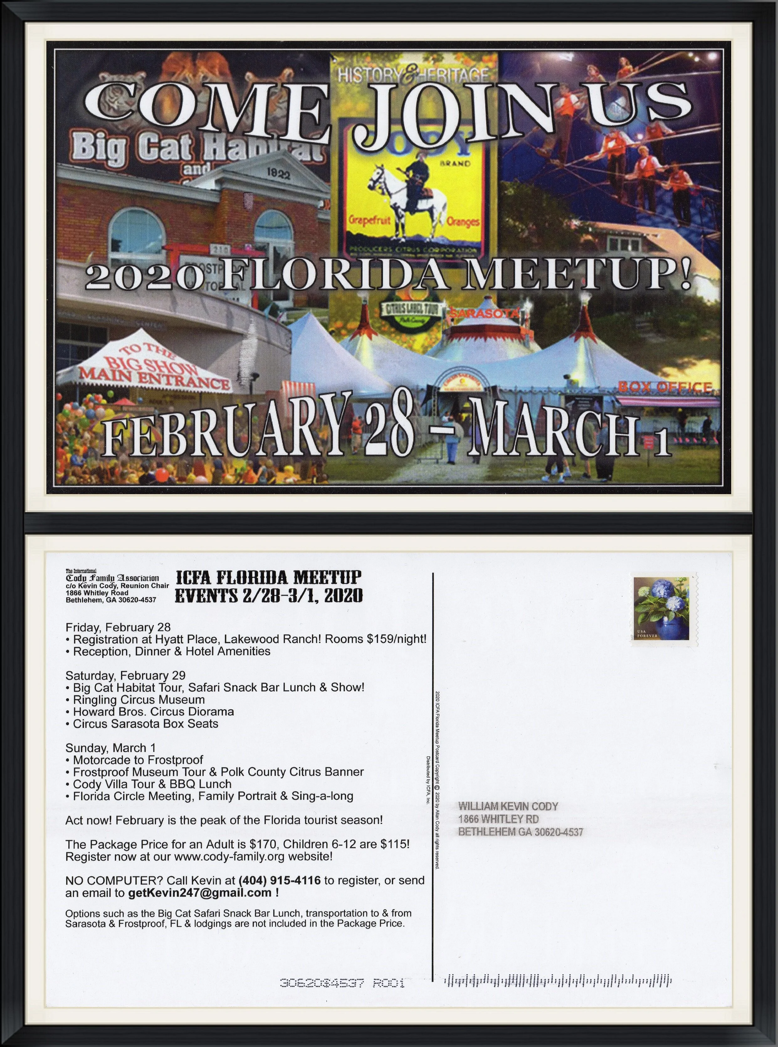 2020 - Come Join Us - 2020 Florida Meetup!  February 28 to March 1 - ICFA Cody Circle Reunion Flyer