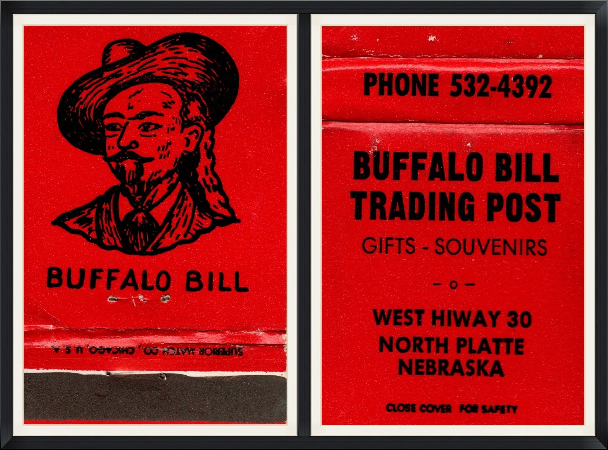 Buffalo Bill Trading Post - Gifts - Sourenirs - West Hiway 30 North Platte, Nebraska - Phone 532-4392 - Superior Match Co., Chicago, U.S.A - Matchbook Cover