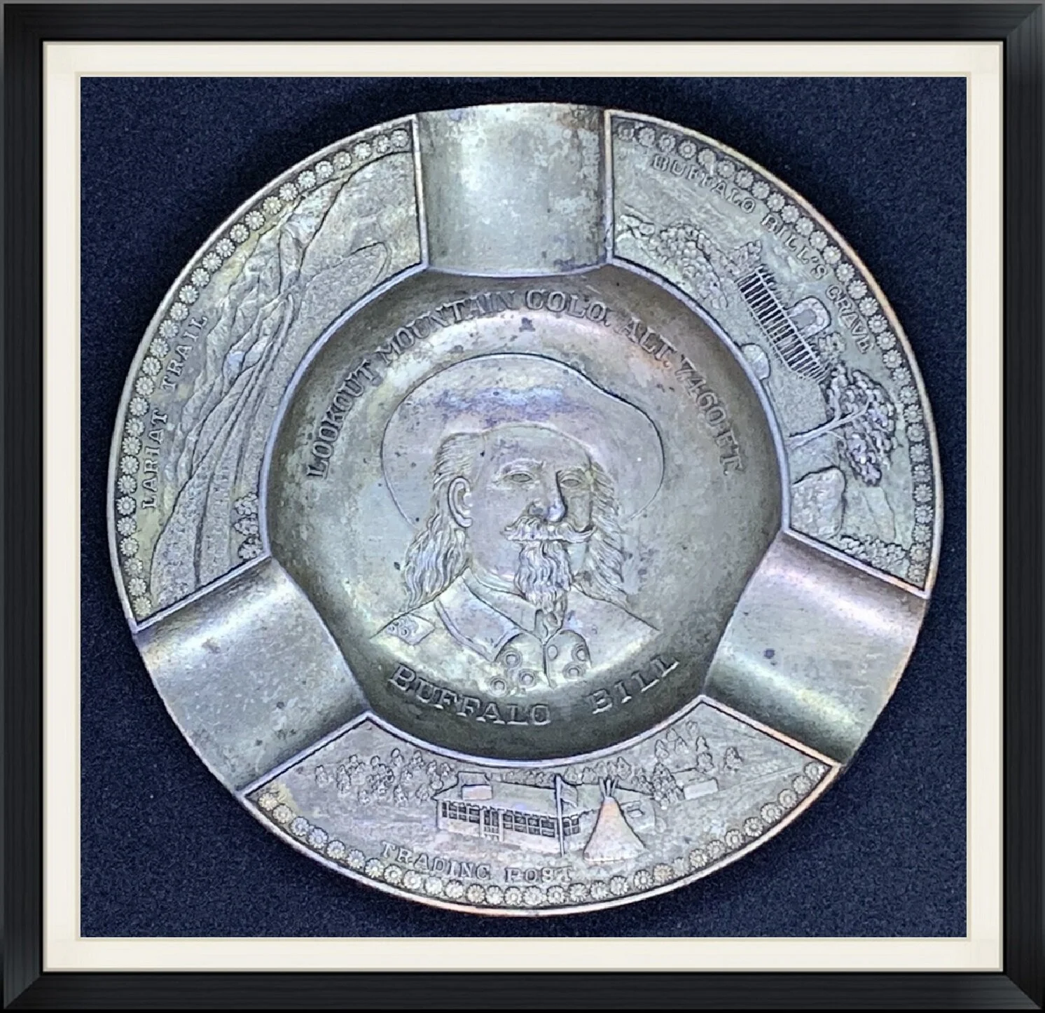 Lookout Mountain, Colorado - Altitude 7,460 ft. - Buffalo Bill - Buffalo Bill's Grave - Lariat Trail - Trading Post - Enco 2T387 - Made in Occupied Japan - Silver, Souvenir, Cigarette Ashtray