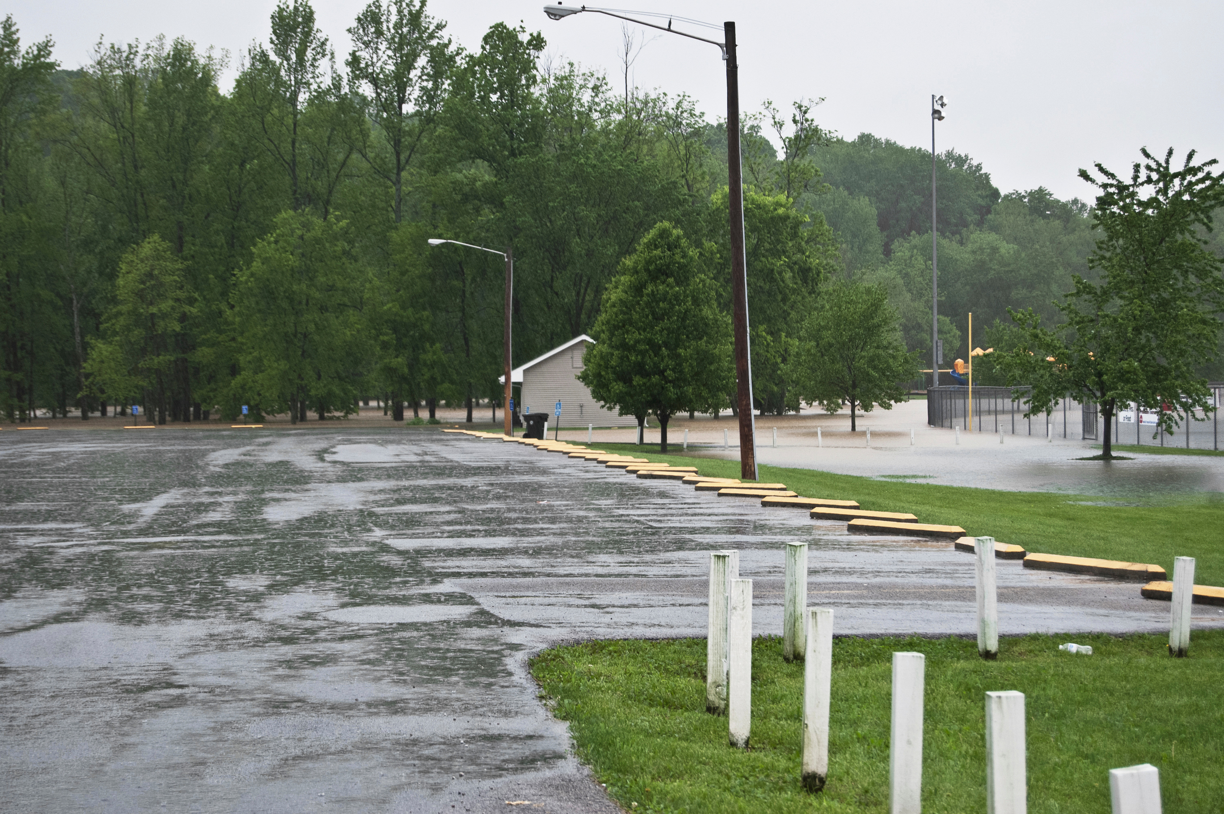 Beaver Trail's entrance was flooded. The city later reported the picnic tables had been moved by the flooding and damage to the pavilion and park fencing.
