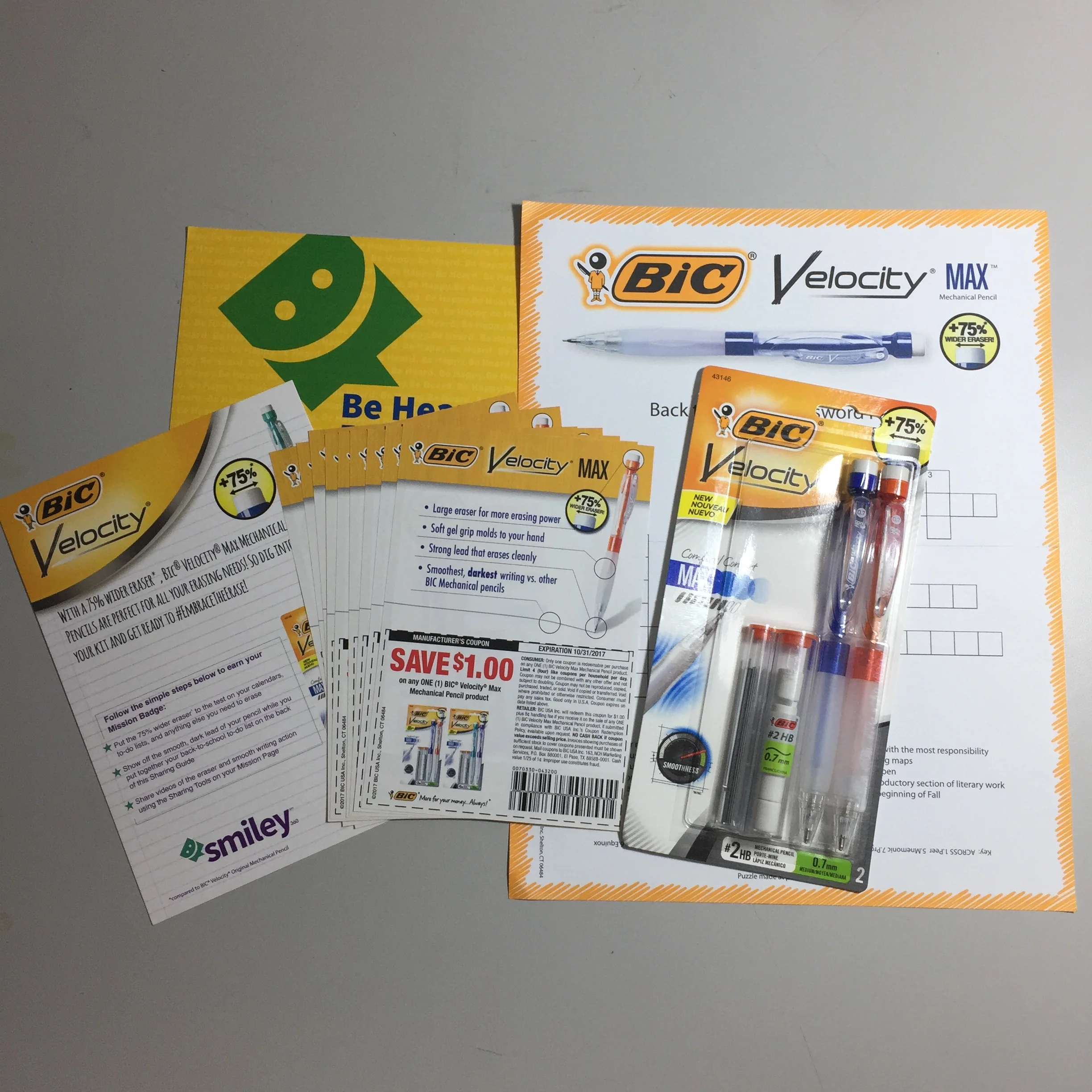 Here's what was in my #FreeSample from Smiley360 and BIC: 2-pack BIC® Velocity® Max 0.7mm Mechanical Pencils, 10 Coupons to share with friends, Crossword Puzzle.