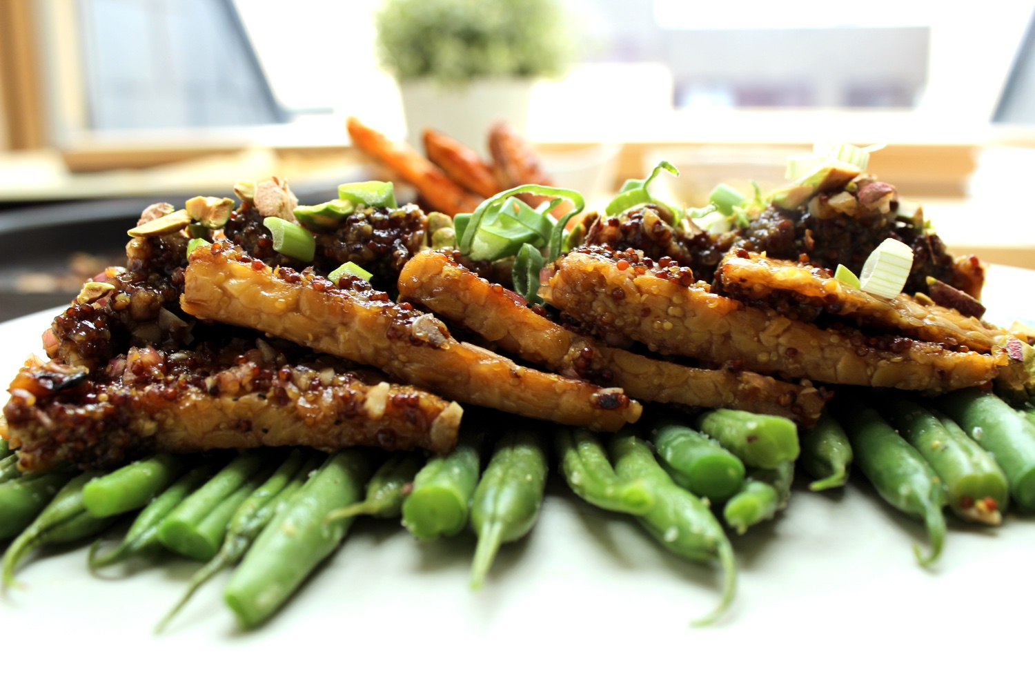 Maple and Mustard Glazed Tempeh with Crunchy Pistachios and Scallions