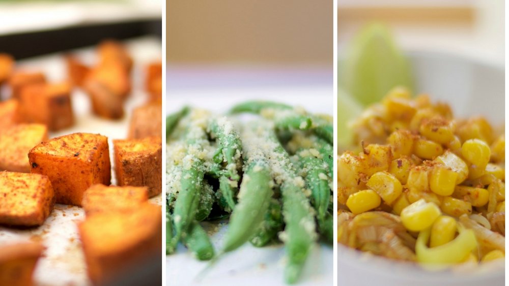 3 quick and easy vegan side dishes: Spiced up roasted sweet potatoes, garlicky almond green beans, Cajun and lime corn
