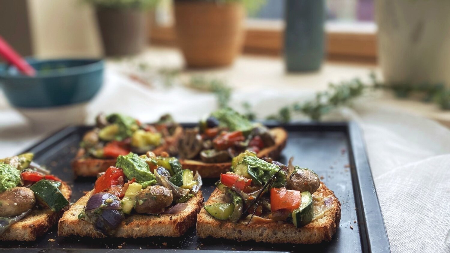 Easy Vegan Recipes for Busy Weekdays: Roasted Vegetable and Vegan Pesto Bruschetta | Brownble