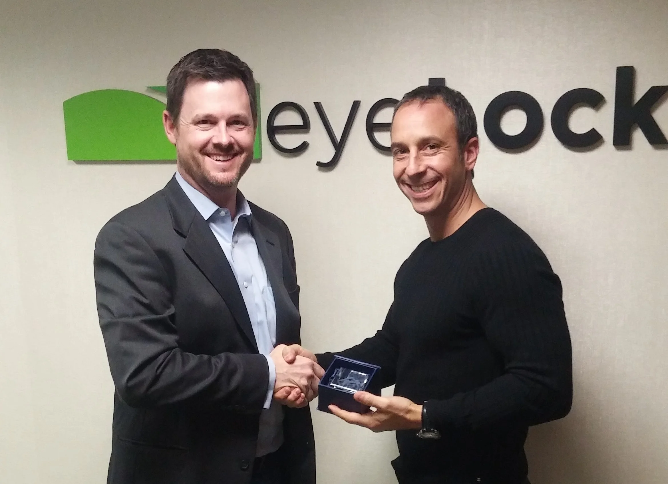 Eyelock's Chief Marketing and Business Development Officer Anthony Antolino (R) being presented with the 2016 BIG Innovation Award in New York.by Business Intelligence Group's Managing Director Russ Fordyce (L).