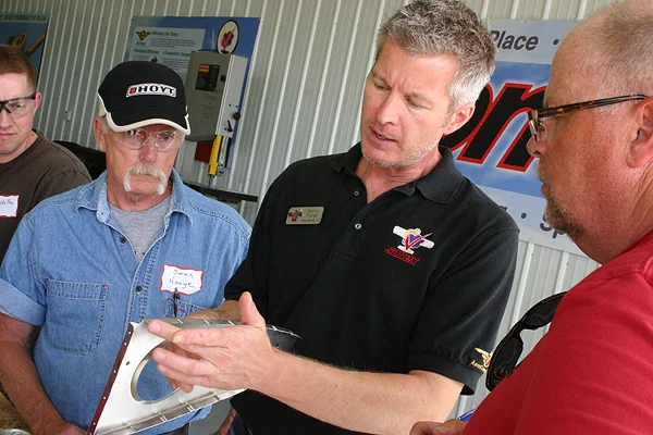 Here I share the finer points of making a formed aluminum rib with Sonex Aircraft workshop participants. Photo by Mark Schaible.