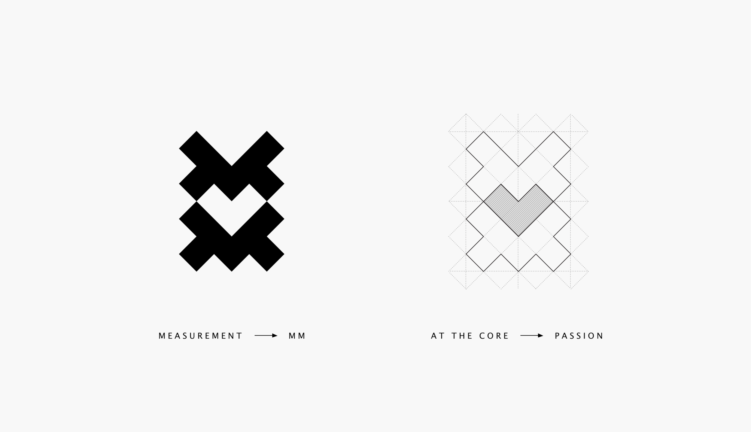 Brand mark is constructed from the individual blocks, squares, representing the measuring units of an area. The heart symbol inside is communicating love and passion at the center of any creation.
