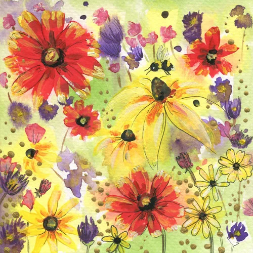ORIGINAL WATERCOLOR, ACRYLIC AND PEN PAINTING 5X5 Inches, Cone Flowers: $60 Purchase