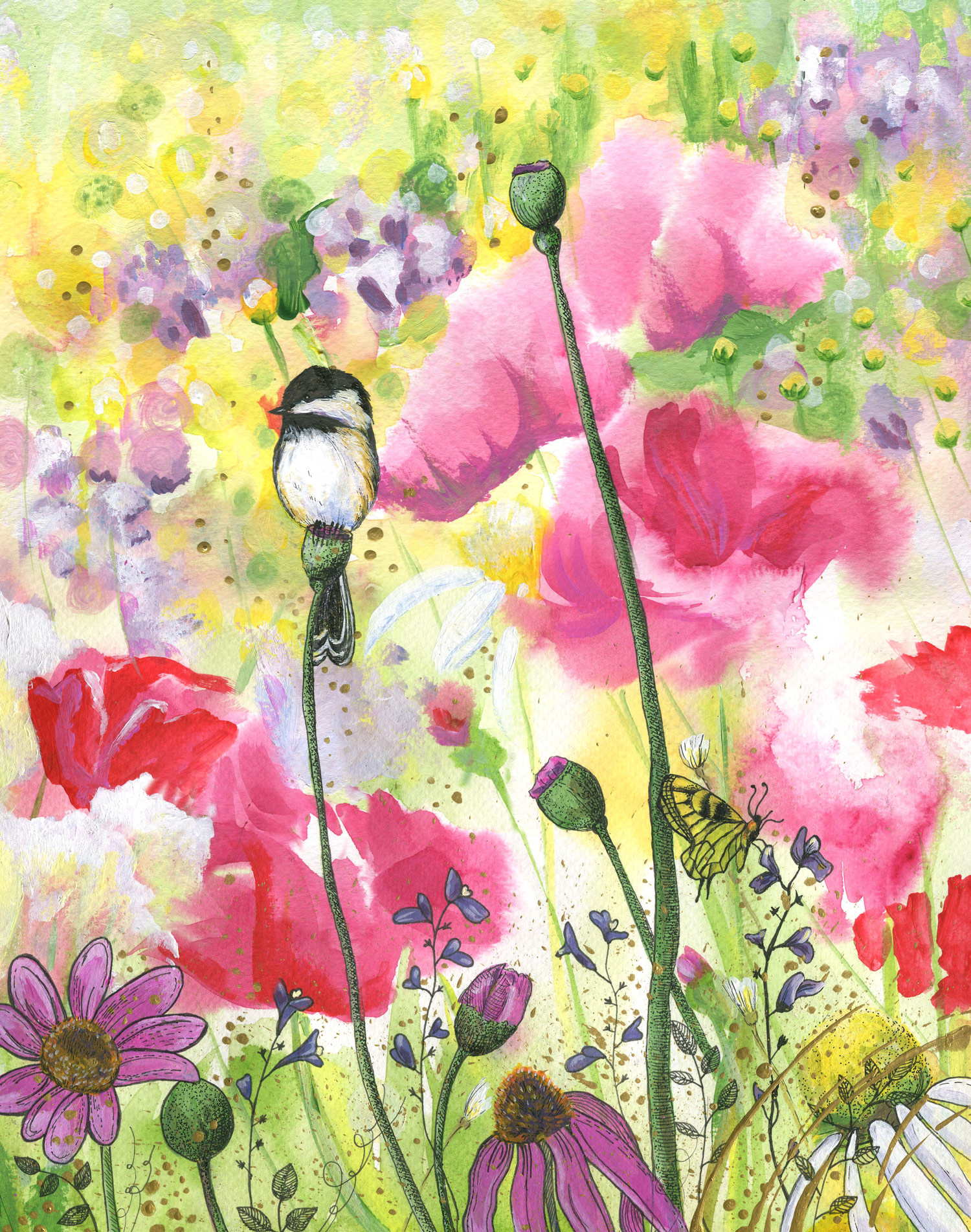 ORIGINAL WATERCOLOR, ACRYLIC AND PEN PAINTING11X14 Inches, Chickadee Wildflowers : $370 Purchase