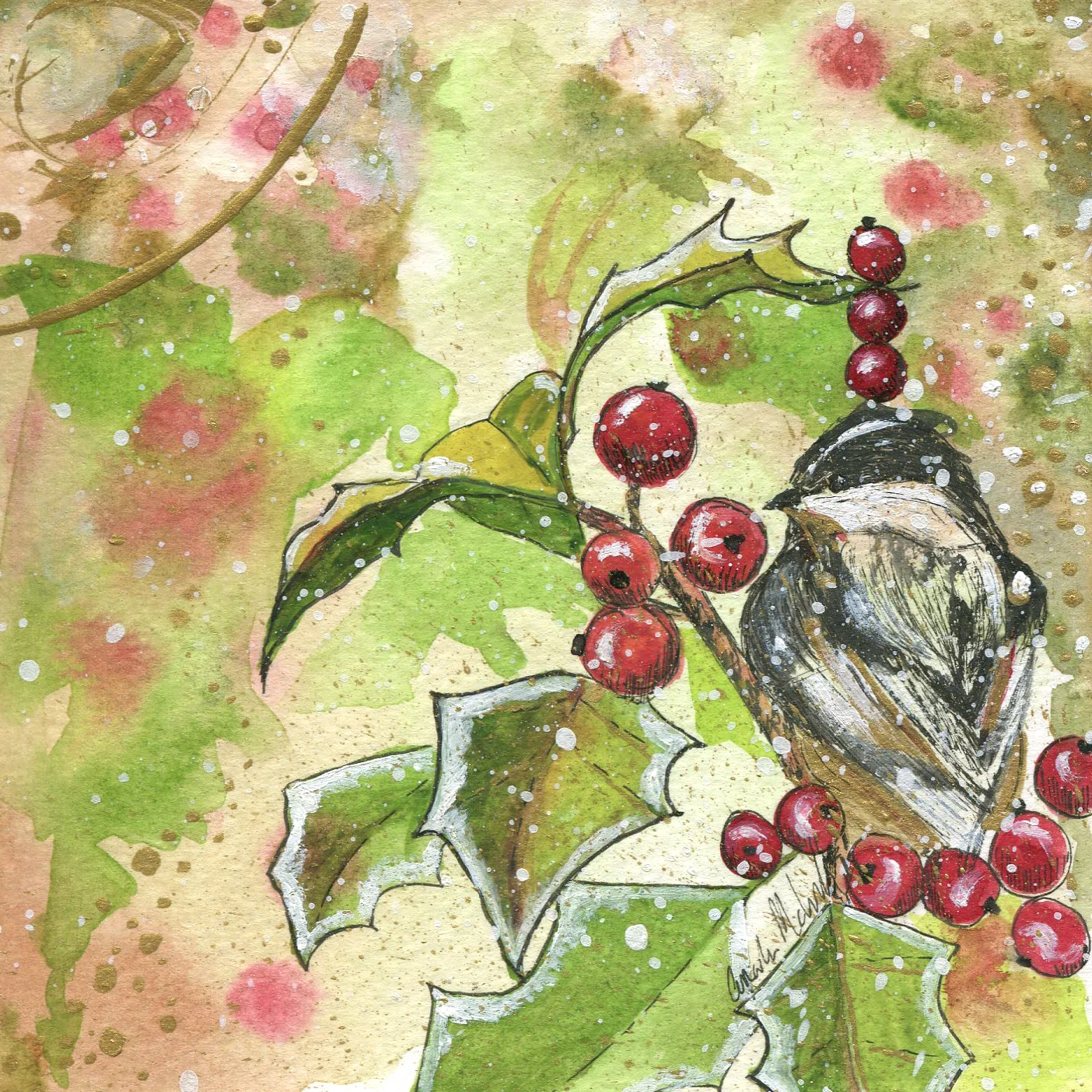 ORIGINAL WATERCOLOR, ACRYLIC AND PEN PAINTING 5X5 Inches, Chickadee and Holly: $65