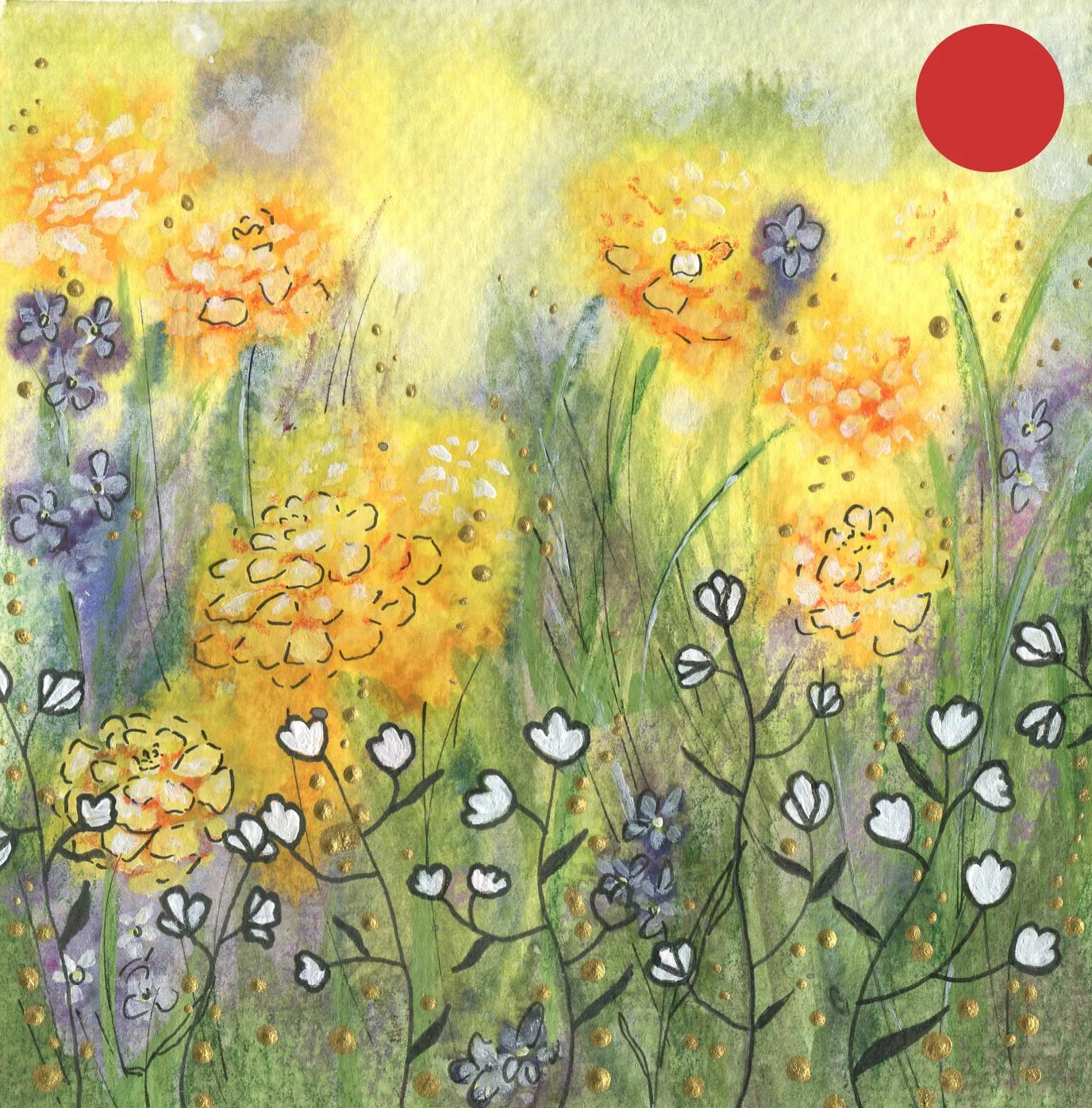 SOLD: ORIGINAL WATERCOLOR, ACRYLIC AND PEN PAINTING 5X5 Inches, Golden Glow