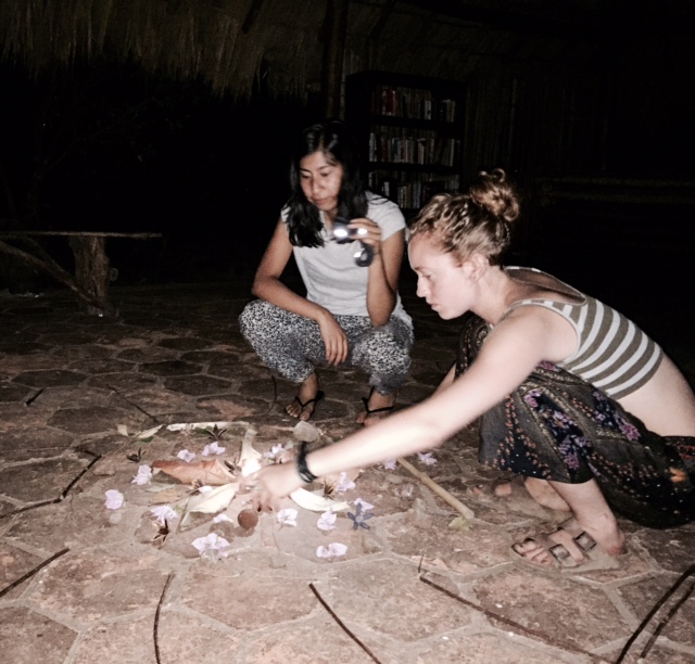 Sophia and Nancy building a mandala to end our yoga retreat