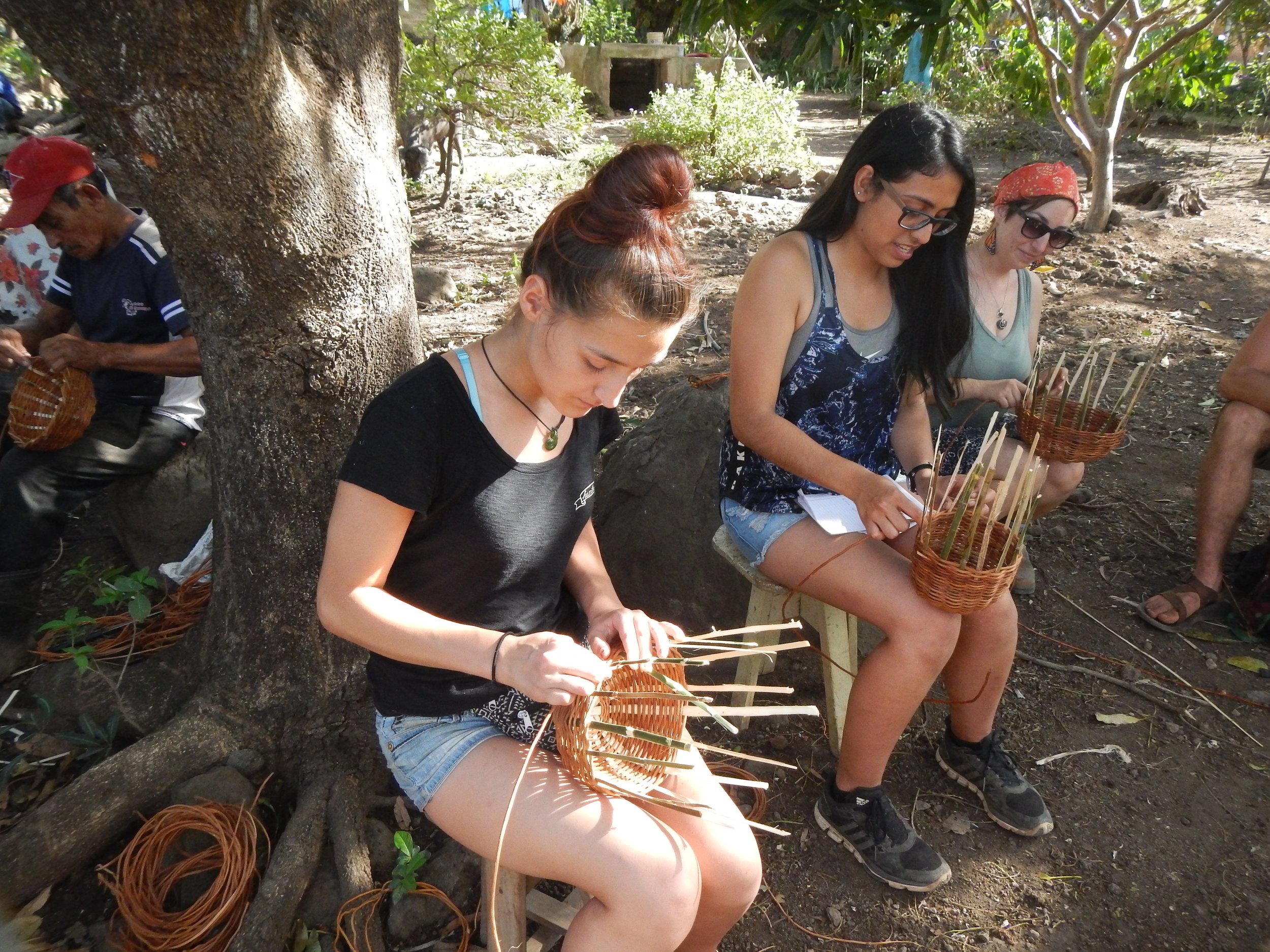 Making baskets from materials from the volcano we hiked
