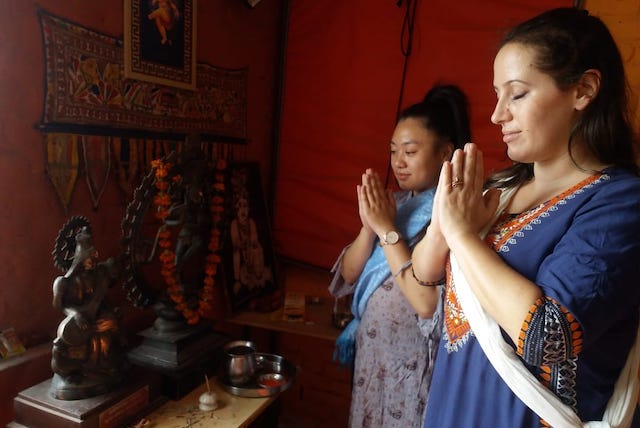Rebecca and Kari doing Pranam before Kathak dance.