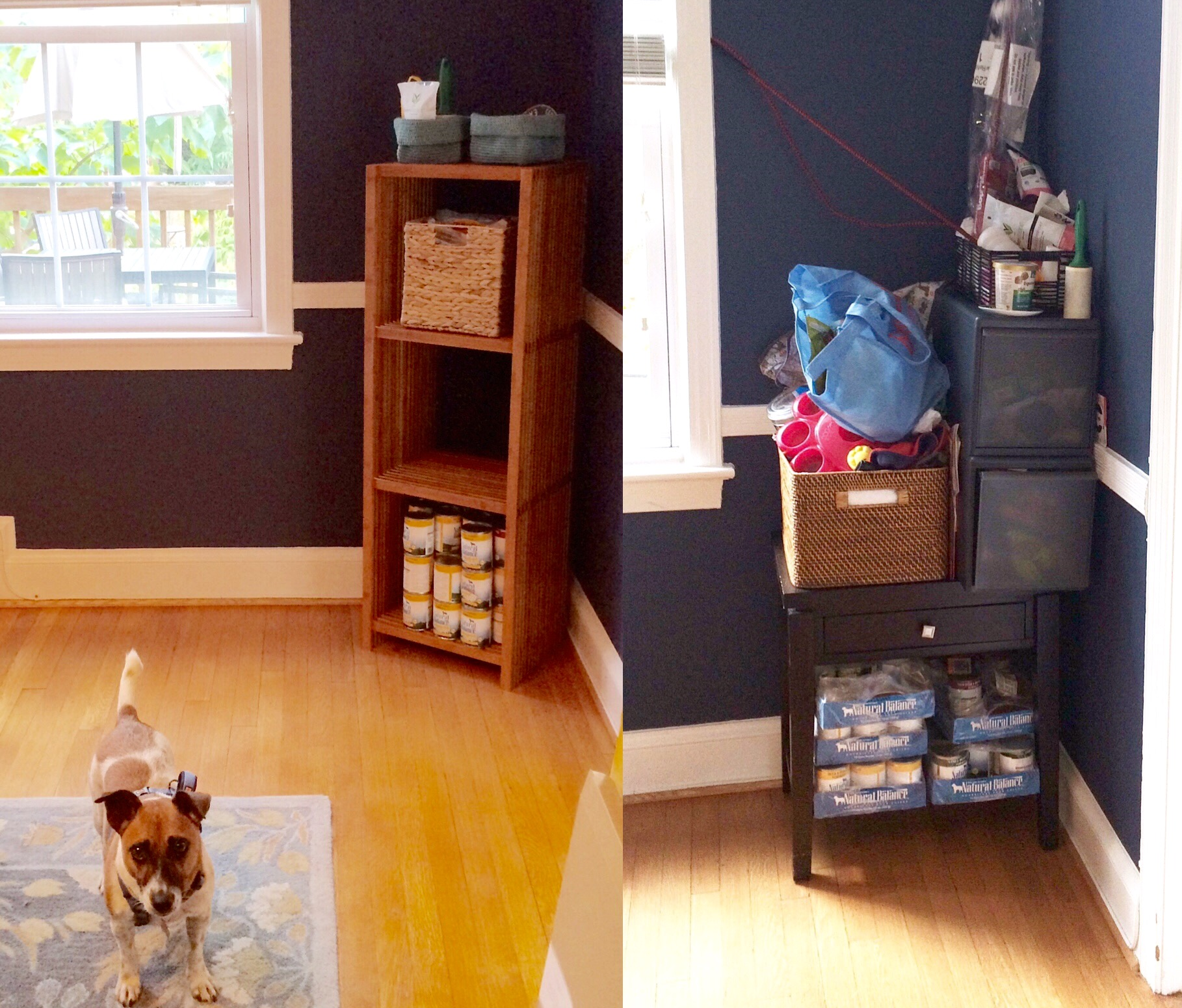 After & Before, respectively. I constructed two of the shelves featured in the left photo and ditched the toys Schroeder no longer (or never) enjoyed. If it doesn't bring him joy, it doesn't stay!