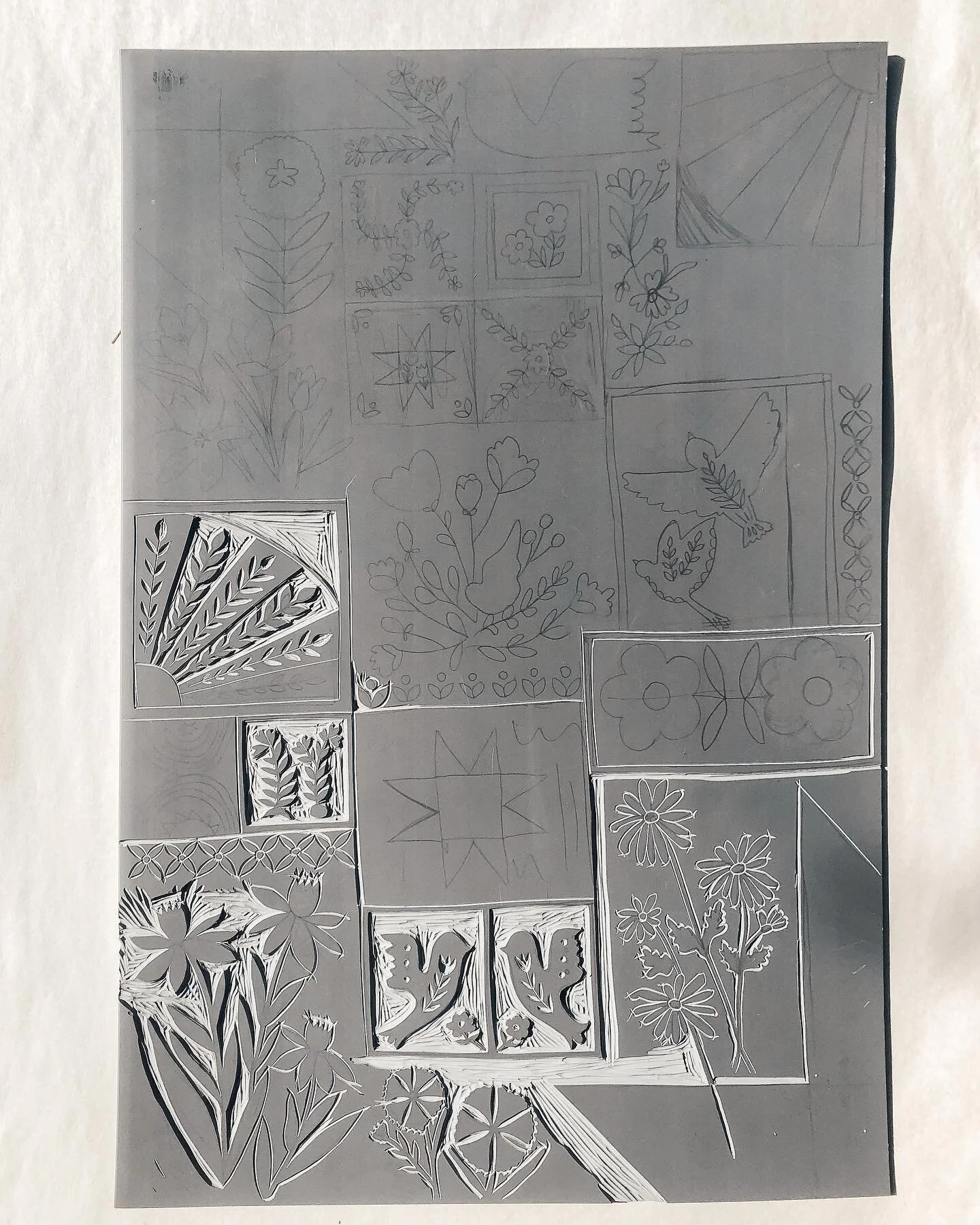 After months of creative block, our recent loss towards growing our family sparked some new found inspiration.
This piece is all about loss and life... 
filled with designs from a family heirloom quilt, cards from friends, seasons of importance, flow