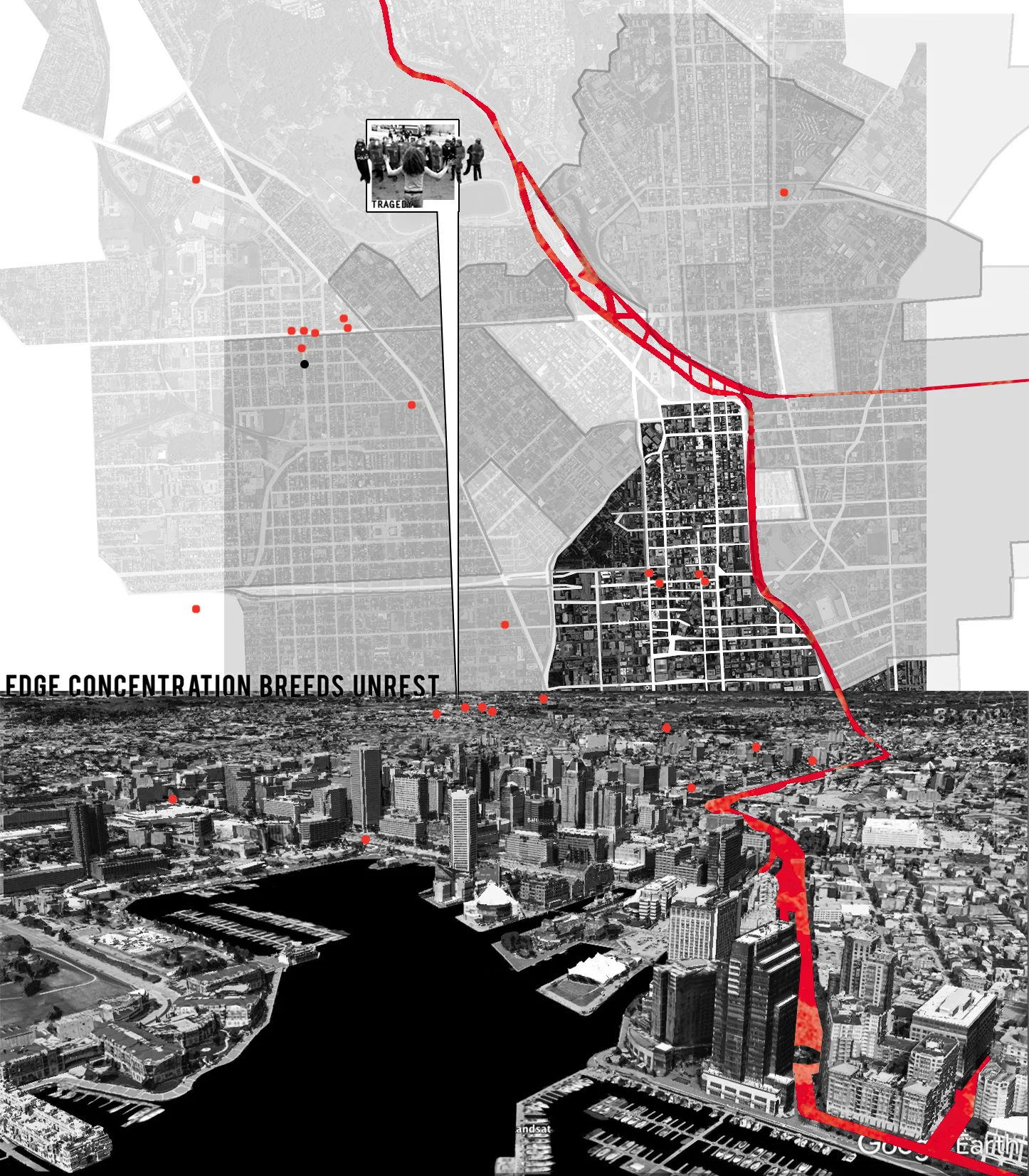 when a boundary is impermeable, segregation based on income and race proliferates the city. highways are an excellent example of a built object imposed by the Powerful onto the Powerless, dividing institution from individual. in Baltimore, Route 83 divides the business district and the poorer East Baltimore. additionally, tragic events further the racial and income divides, leading to protests typically relegated to the edges of poverty-stricken and racial-minority areas. intersection breeds unrest.