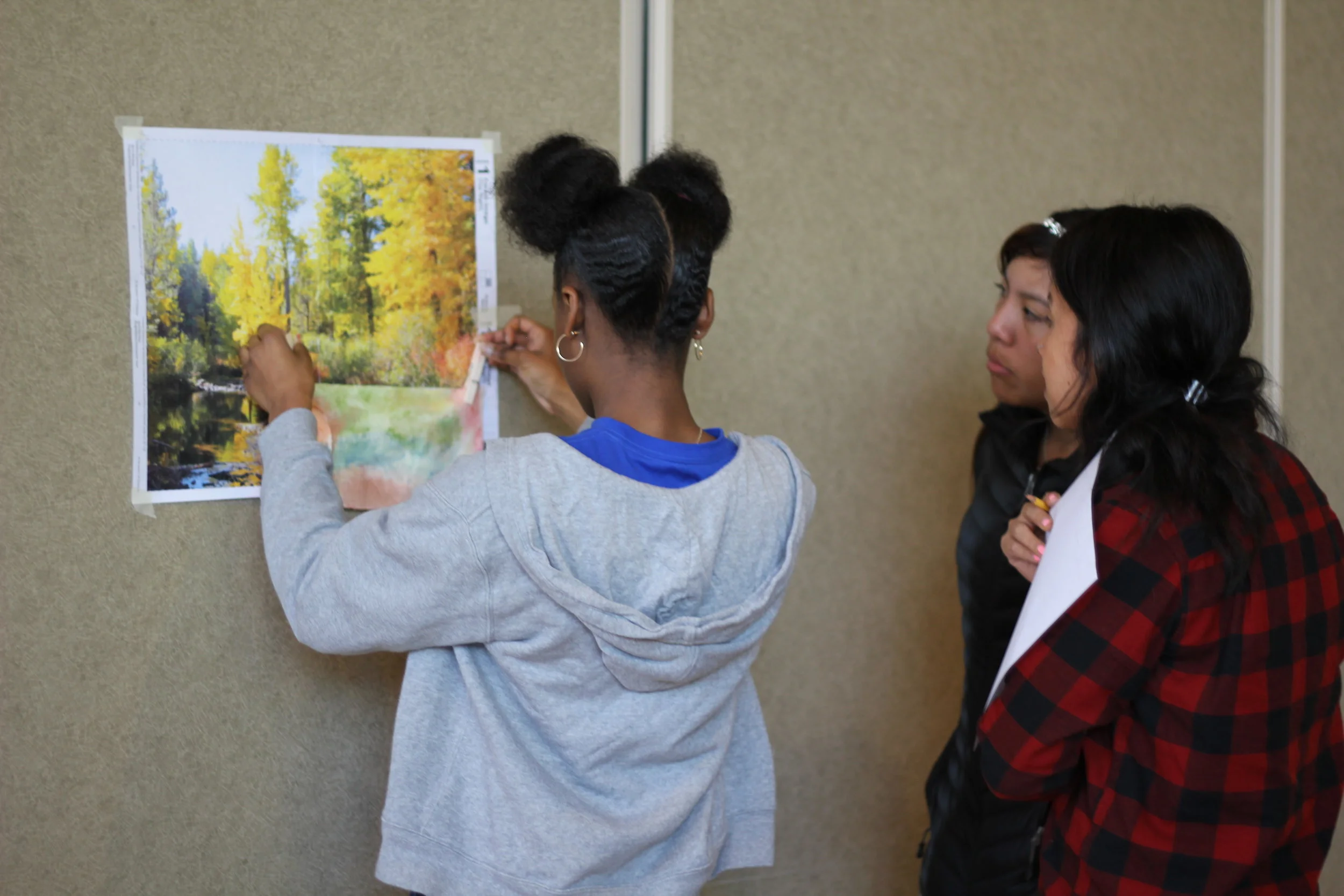 Lab Day focused on Camouflage. The girls worked with their mentor in painting a piece of fabric to blend into the scenic picture.