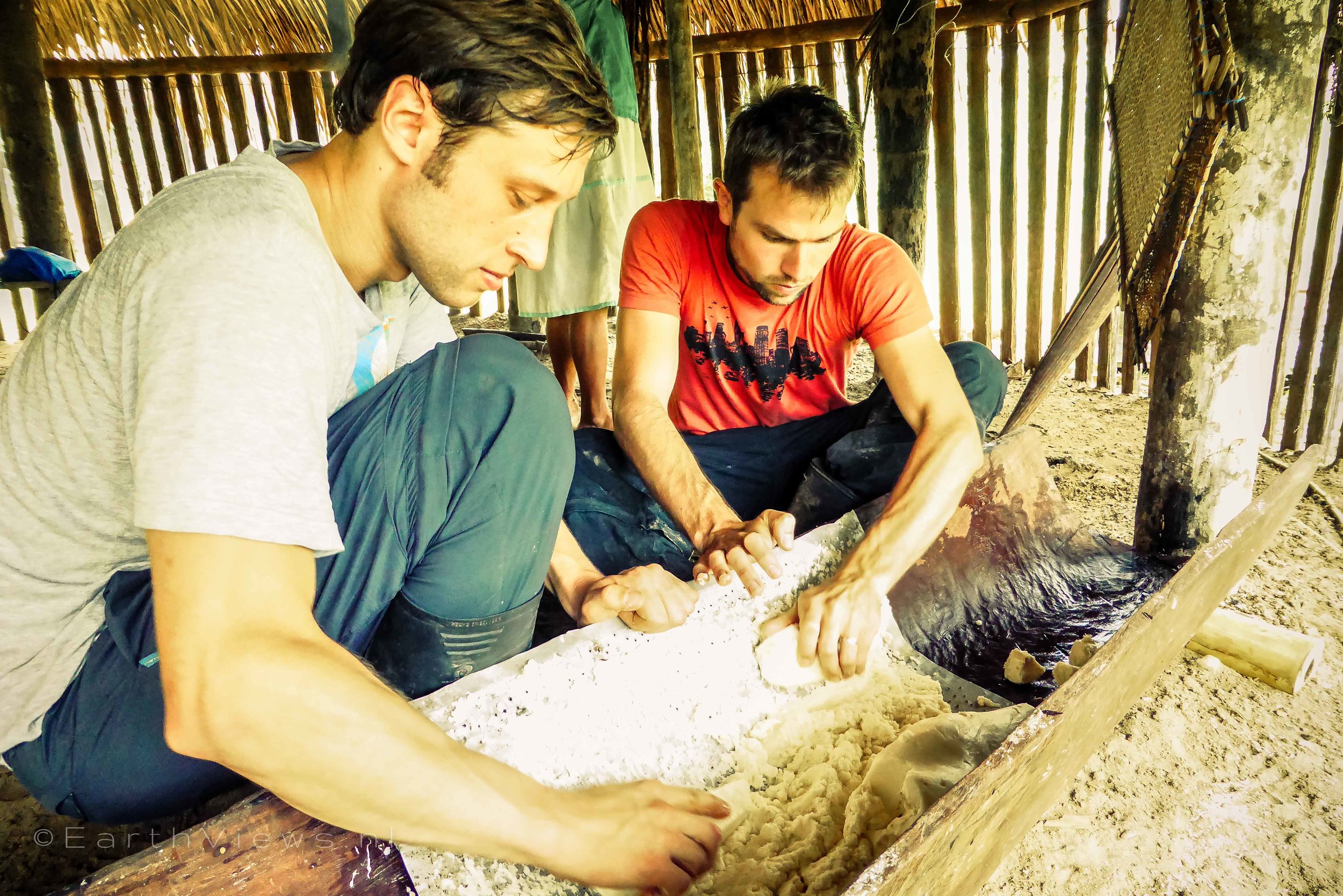 Andreas and I grated the yucca on a metal plate with sharp holes in it. Watch out for the fingers!