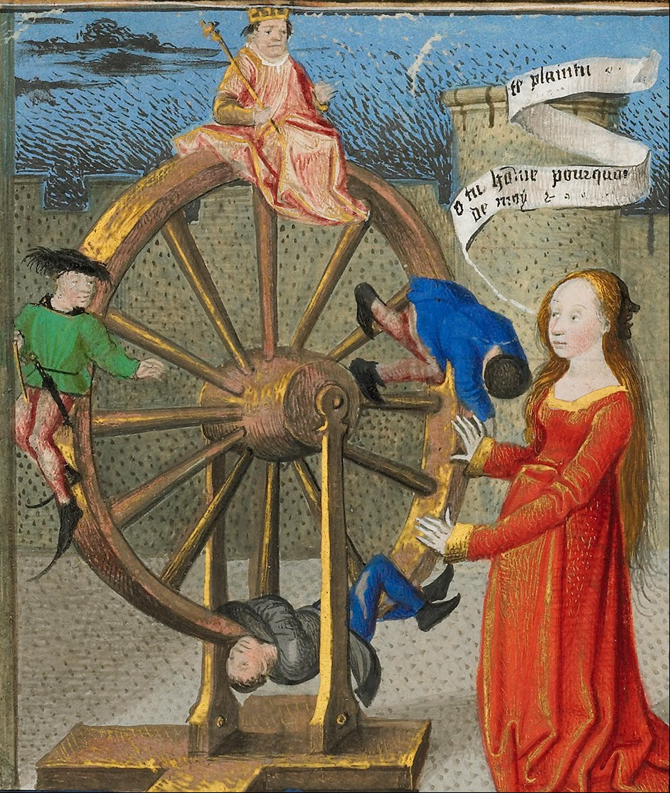 Fortune and her Wheel, Medieval illustration.