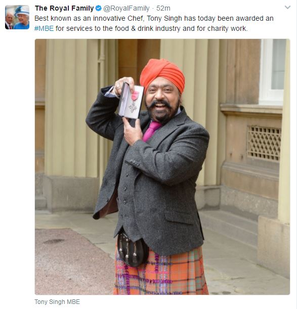 The Royal Family Twitter account shares news of Tony Singh's investiture