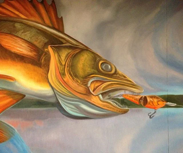 &quot;Walleyes don't jump.&quot; -anonymous Minnesotan art critic.
.
Detail of oil on panel, 4'x21'