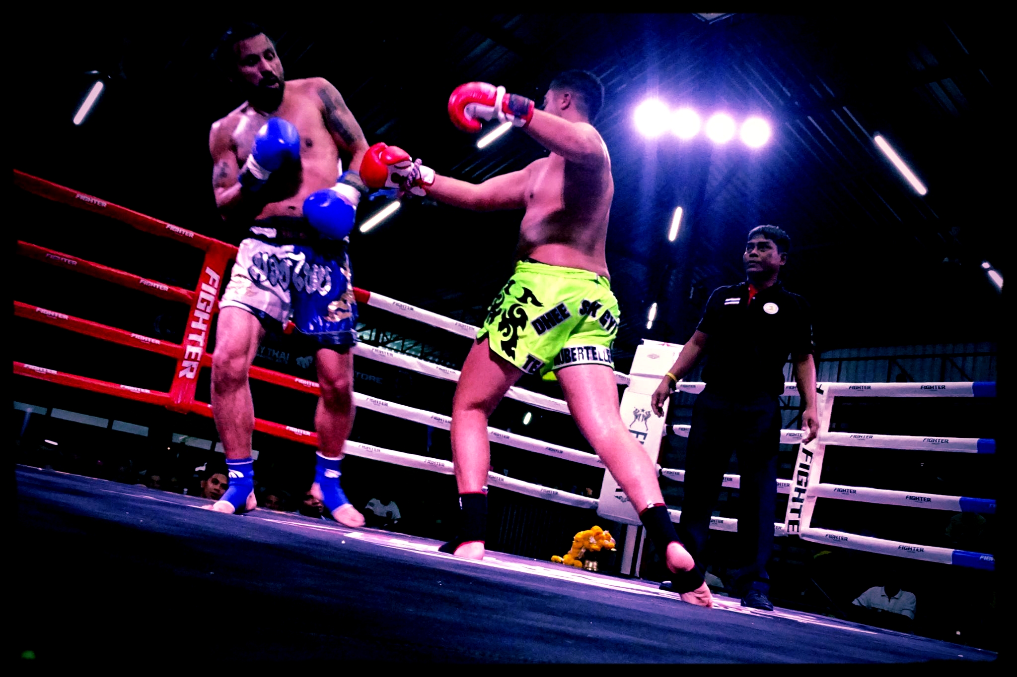Coach Mario Marin fights young french fighter half his age at Rawai Stadium, Phuket, Thailand Feb. 6