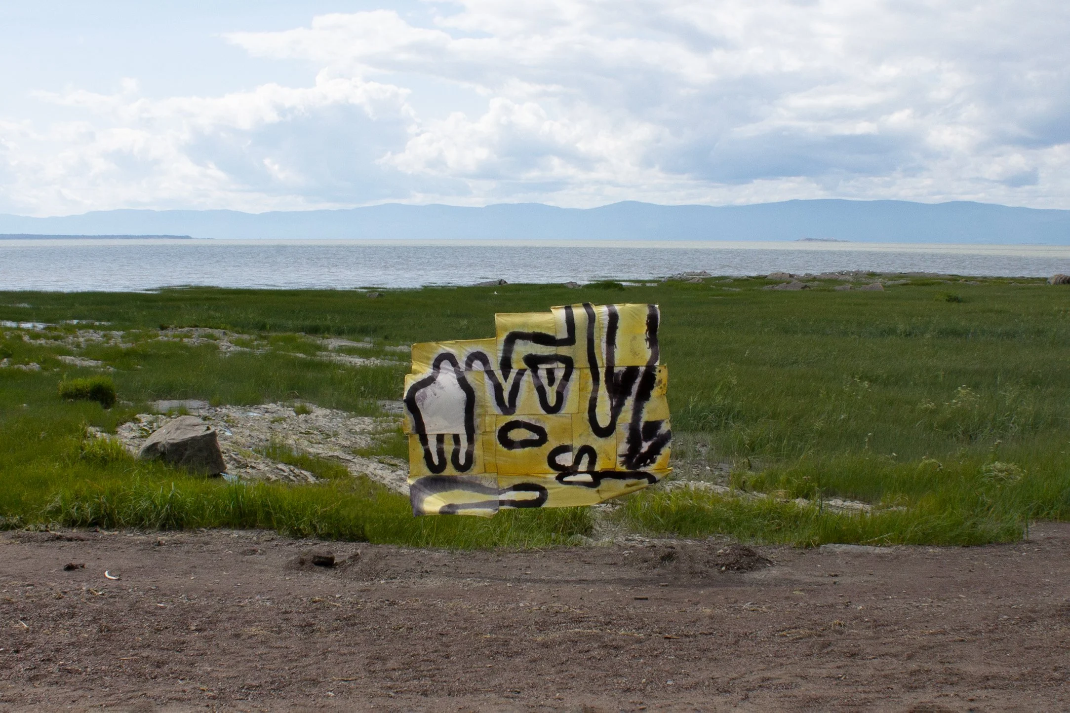  Companion  Wind tests on the St Lawrence River  Tracings of the body with rust, while in physiotherapy exercise positions, pieced and hand-stitched, reclaimed bedding, organic cotton thread, found rust - nails, pipe, rebar, foraged goldenrod and sum