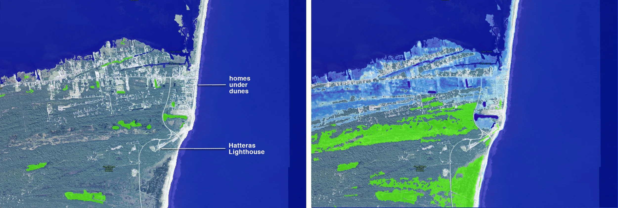 Buxton, North Carolina, on Hatteras Island. Today at left, and after 5 feet SLR at right. Light blue is under water; bright green indicated emergent marshlands. The dynamics of the barrier island naturally want to move sand west and south.