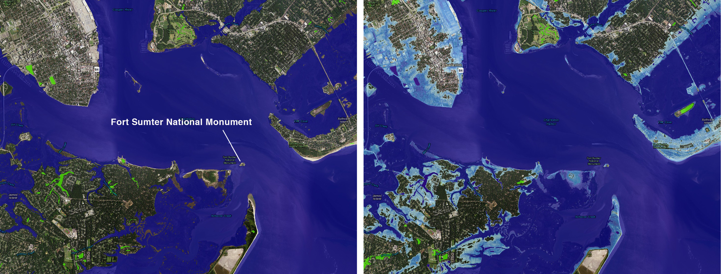 Charleston Harbor today, and at 5 feet of SLR.