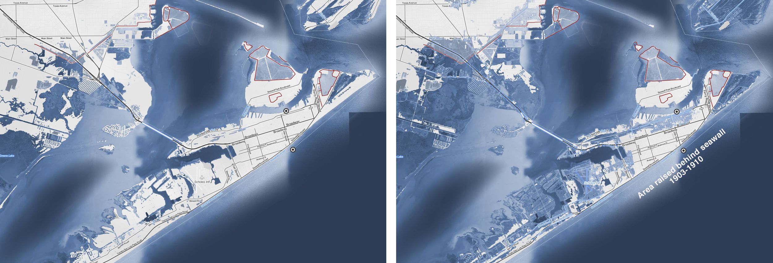 Galveston today, and at 5 feet SLR. The entire city was elevated after the 1900 hurricane.