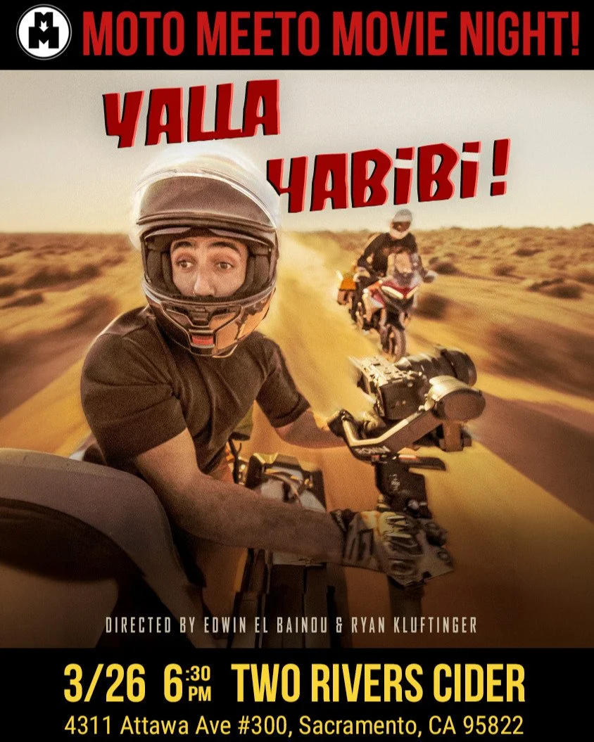 Moto Meeto Movie Night!

We&rsquo;re watching Yalla Habibi! 
Motorcycles, questionable decisions, and desert chaos. What could go wrong?

📅 March 26
⏰ 6:30 PM
📍 Two Rivers Cider

Come drink cider, hang with the MM crew, and watch people ride motorc