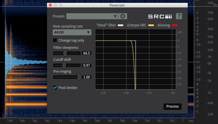 The Resample module in iZotope RX5 Advanced showing the steep filters required to prevent alaising artifacts