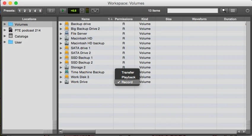 Record/playback/Transfer selection of media drives in the Workspace window in Pro Tools