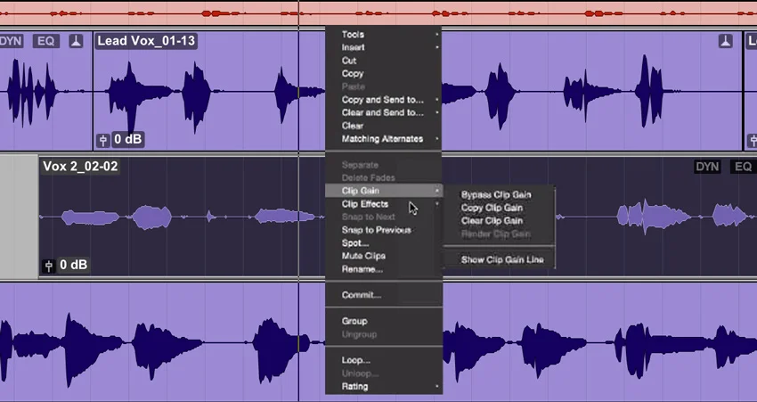 Pro Tools 12.6 Clip Effects Contextual Menu