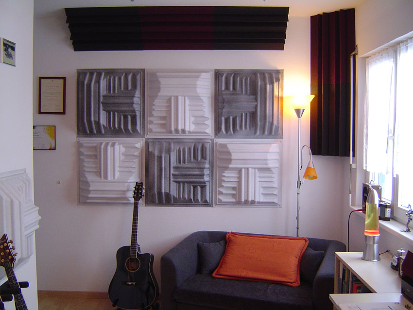 The back of the room with the diffusors. They were in a pretty ugly color when they arrived, my wife spray-painted them with a cool effects color that looks like stone or marble up close.
