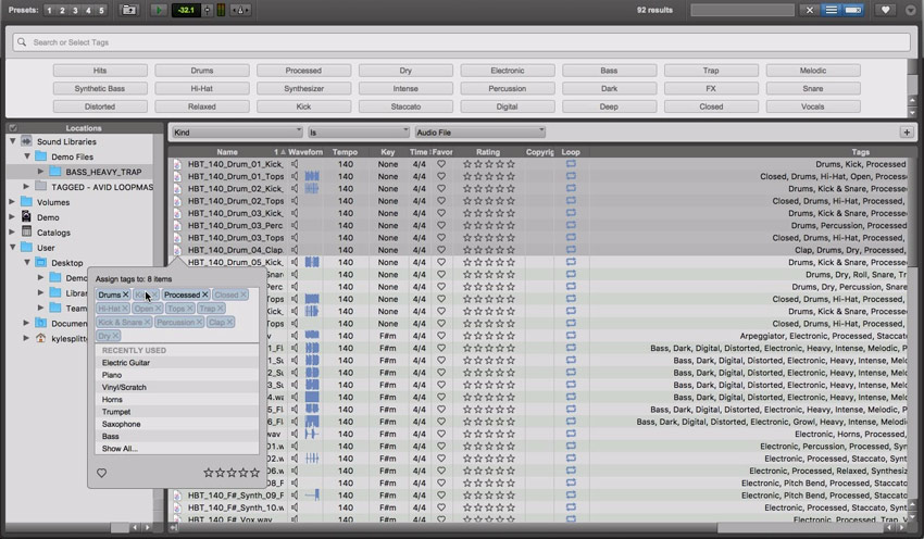Assigning multiple tags to audio files and loops using tags in the Pro Tools Workspace browser with AudioBase.