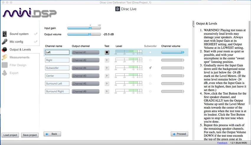 Dirac Live Calibration Tools Output and Levels Tab