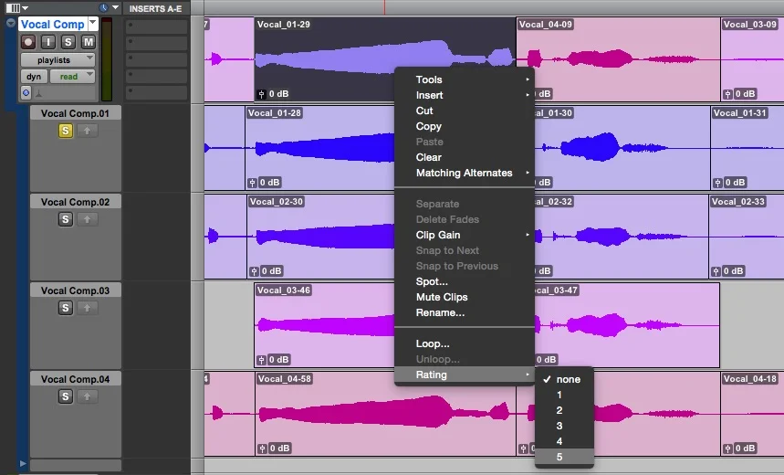 Vocal comping in Pro Tools using multiple playlists