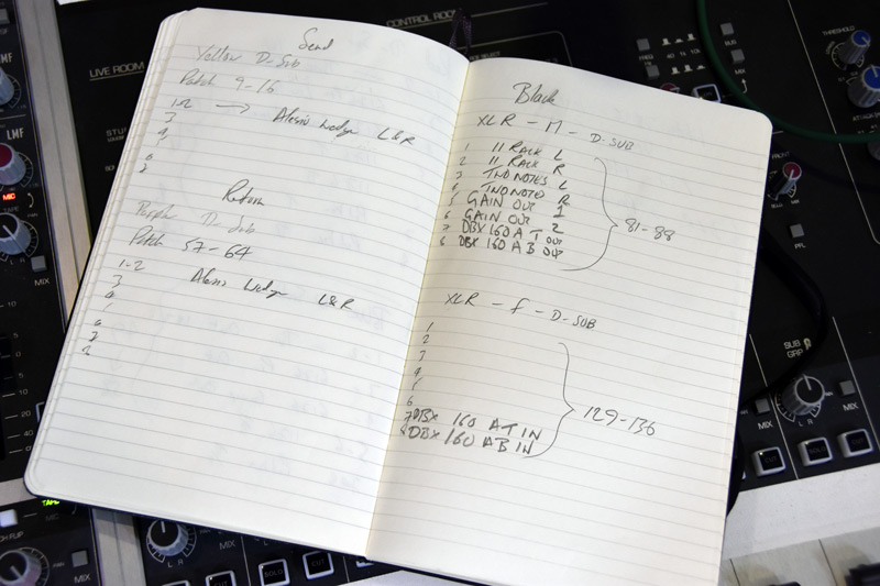 This is my patchbay routing log book. The cable is named at the top of each page. The attached gear is listed next to each connection and the bracketed numbers are where it comes up on the Audient patchbay.