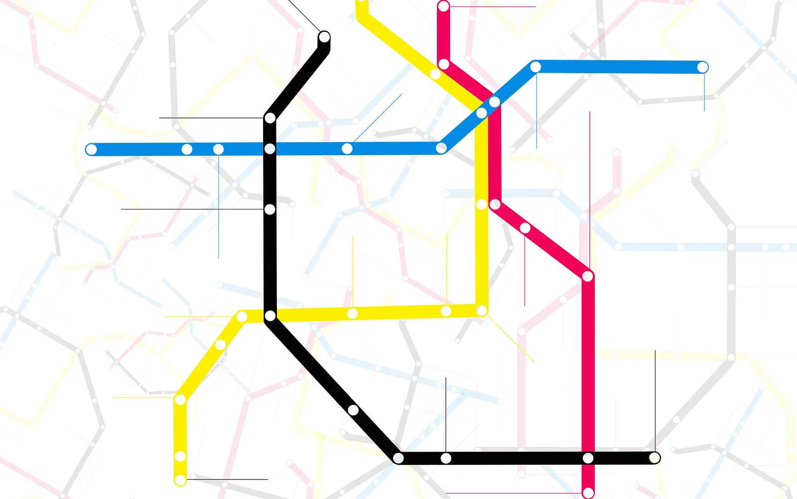 Subway map with grey streets and colored tubes