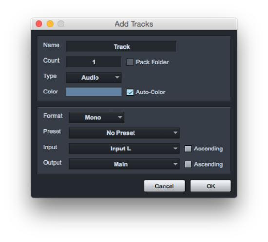  Studio One's Add Tracks Menu