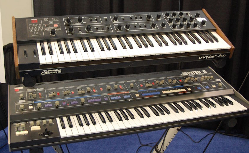 Sequential Prophet-600 above Roland Jupiter-6: the first two MIDI synths ever to be connected. From the MIDI Association's 30th anniversary display at NAMM 2013. 