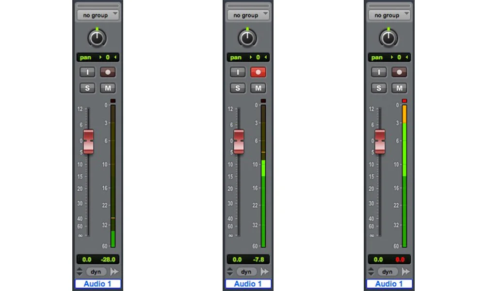 The middle track shows what a safe recording level should look like in the Pro Tools Mixer. The tracks either side show a weak level and a level that is too "hot" which records as clipped audio