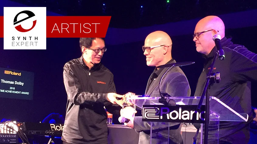 L to R: Roland CEO Jun-ichi Miki, electronic music legend Thomas Dolby, and Roland VP of Major Influencers Paul McCabe. Photo by Stephen Fortner.