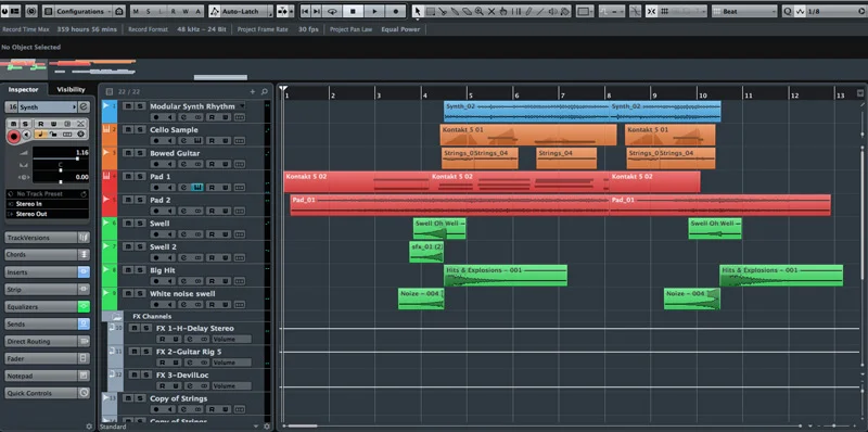 Here’s the session with bowed guitar. Notice the small number of tracks. I try and make each sound as interesting as possible and not overdo it with the track count.
