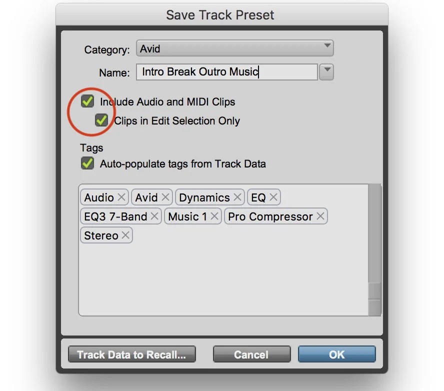 Pro Tools Track Preset Media Options