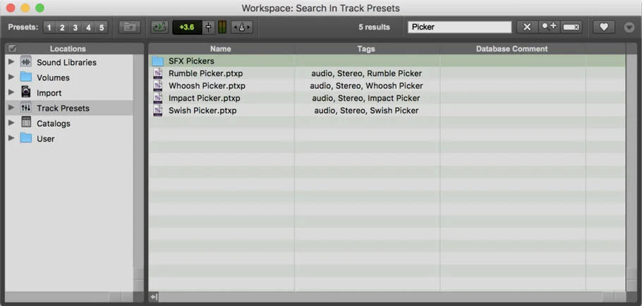 Track Presets in Pro Tools SFX Picker