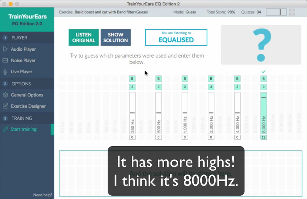 a screenshot of the TrainYourEars EQ 2.0 eq ear training application on mac